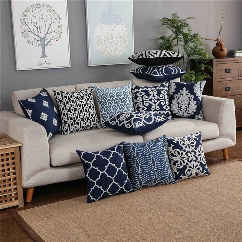 Afralia™ Navy/White Embroidered Cushion Cover 45x45cm Quatrefoil Square Pillowcase