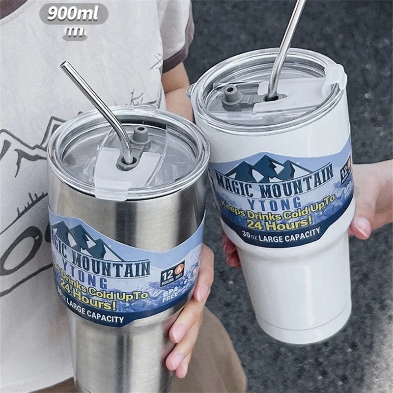 Afralia™ Freeze Thermos Bottle Straw Stainless Steel Tumbler 30oz - Ice Mountain Cup
