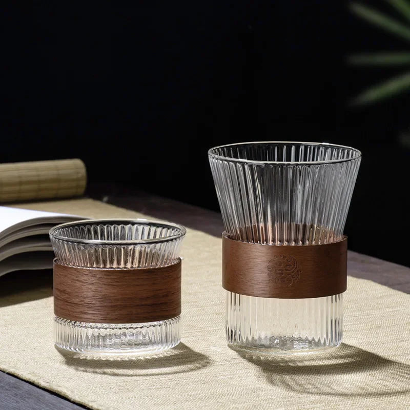 Afralia™ Japanese Glass Tea Cup Set with Walnut Sleeve - High Quality Transparent Drinkware