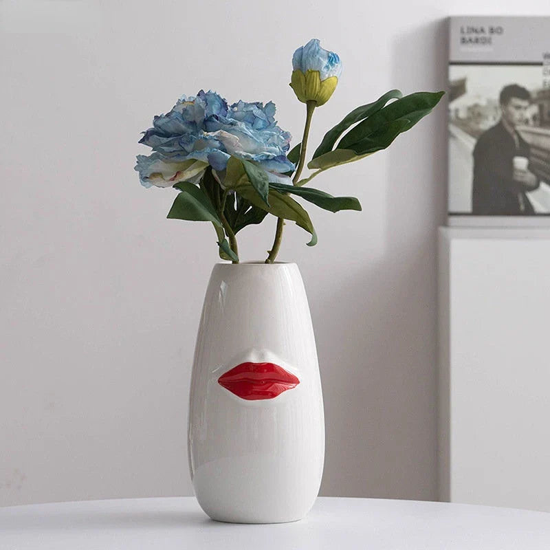 Afralia™ Red Lips Porcelain Vase: Minimalist Desk Decoration for Flower Arrangement