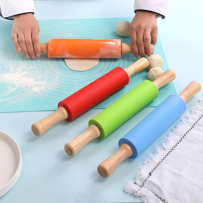 Afralia™ Silicone Rolling Pin with Wooden Handle - Non-stick Baking Tool