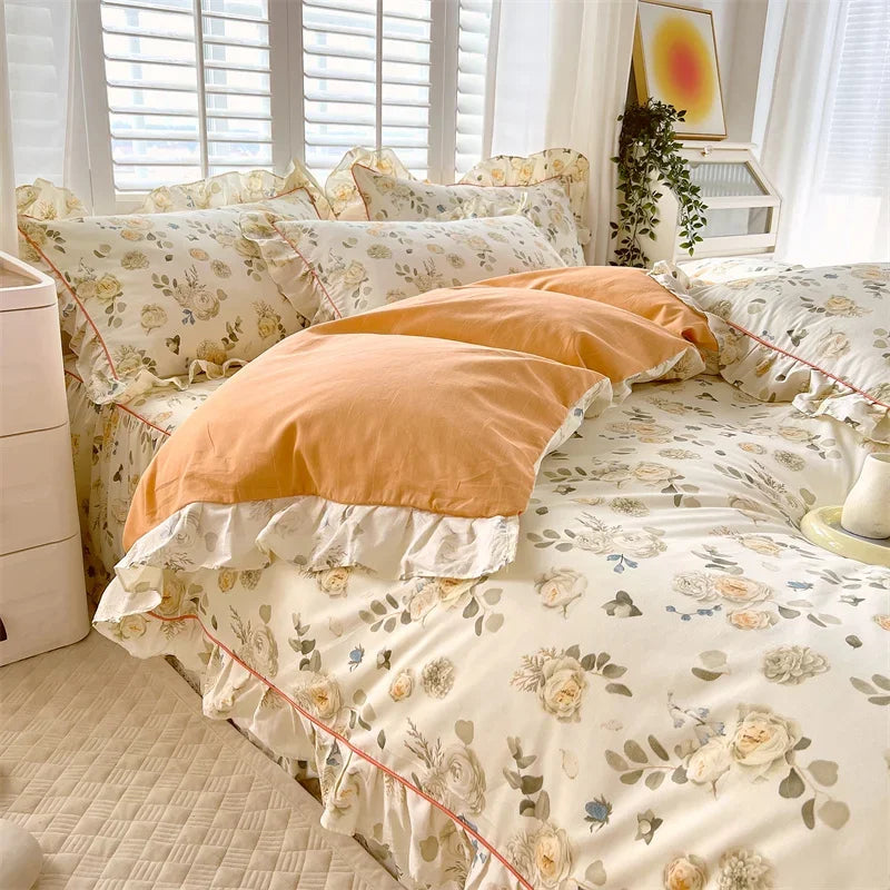 Afralia™ Princess Ruffles 100% Cotton Quilt Cover Set - Floral Soft Duvet Cover