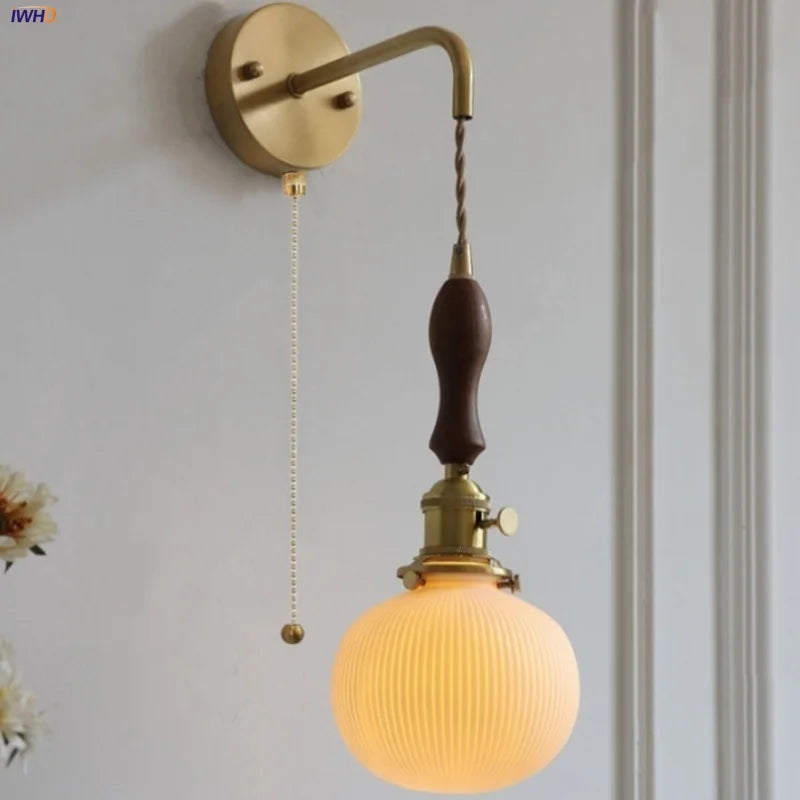 Afralia™ Nordic Walnut Wood LED Wall Sconce Pull Chain Switch Stair Light Fixtures