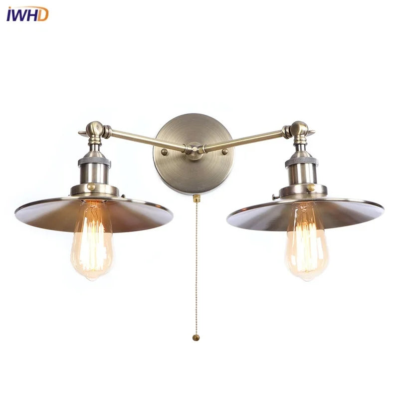 Afralia™ Vintage LED Wall Lamp with Pull Chain Switch, 2 Heads Industrial Sconce