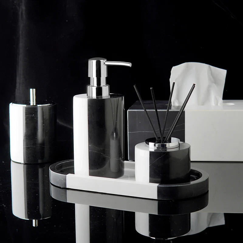 Afralia™ Marble Bathroom Set: Soap Dispenser, Toothbrush Holder, Soap Dish, Cotton Swab Holder
