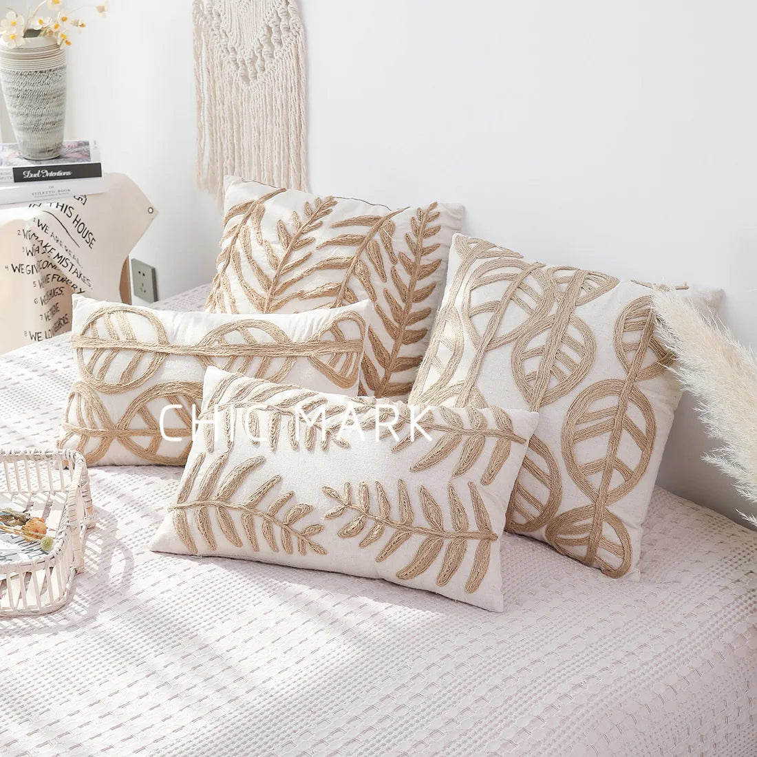 Afralia™ Flax Leaves Embroidered Linen Cushion Cover for Stylish Living Room Décor