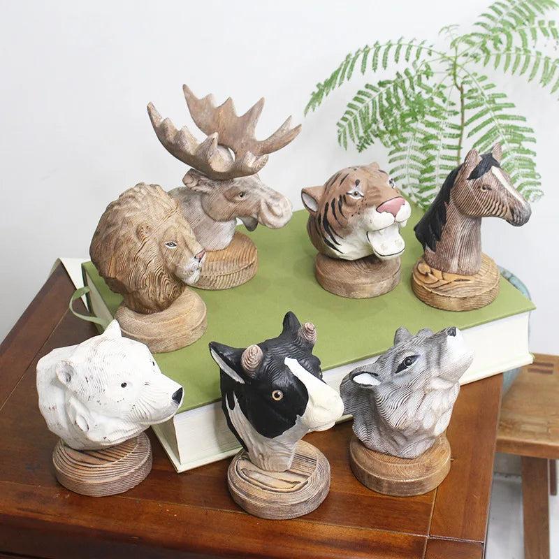 Afralia™ Woodcarving Animal Head Sculpture Pine Ornaments Home Decor Accessory