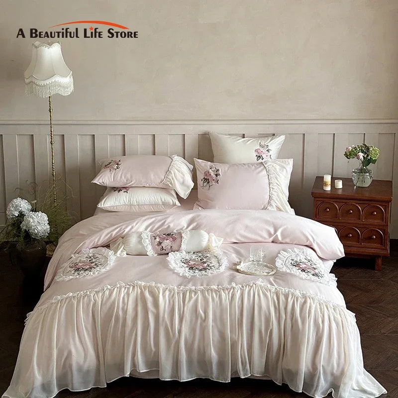 Afralia™ Pink Flowers Lace Ruffles Wedding Bedding Set 1000TC Egyptian Cotton Décor