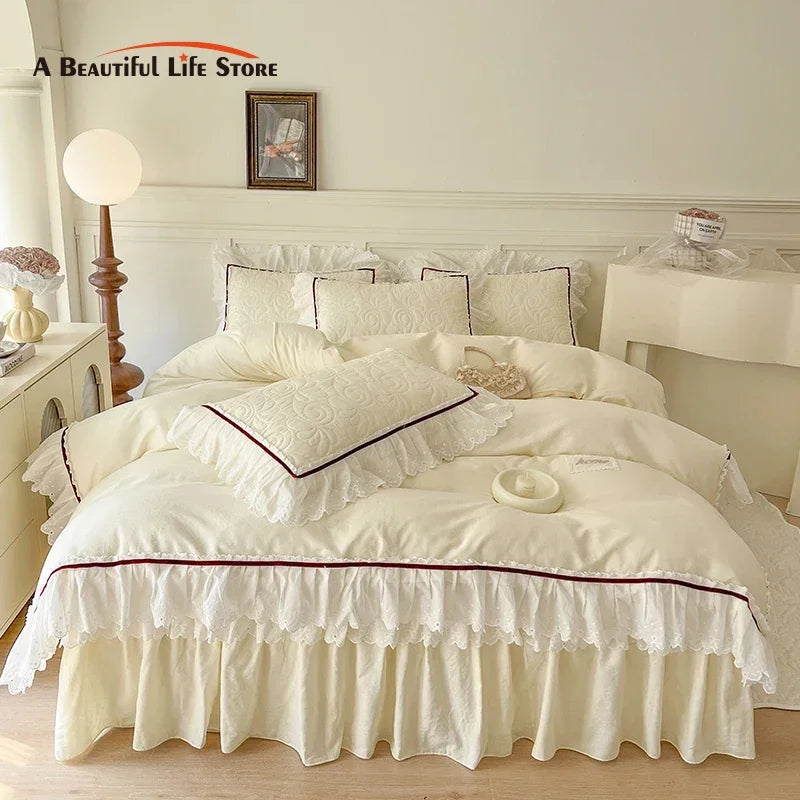 Afralia™ Lace Ruffles Bedding Set: 4pcs Solid Color Princess Quilt Cover, Bed Skirt, 100% Cotton Pillowcase
