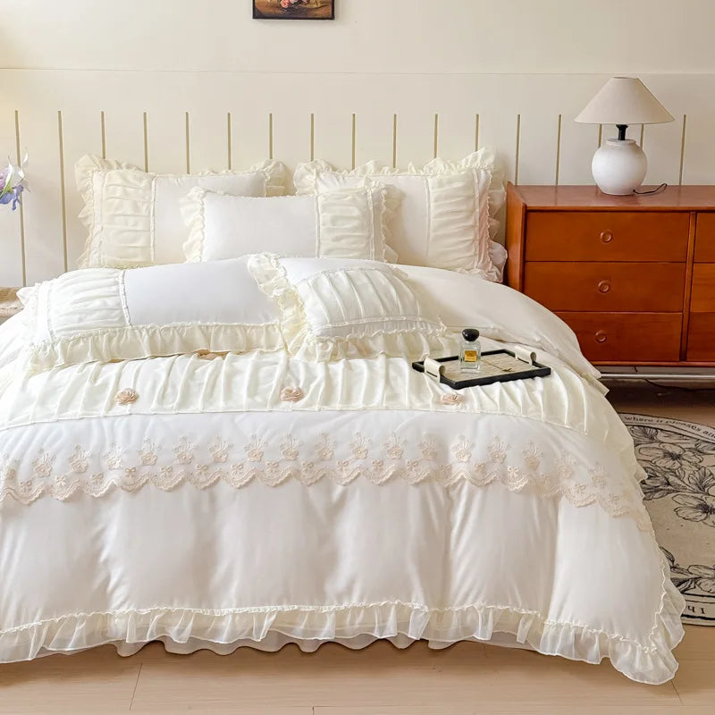 Afralia™ Lace Luxury Bed Skirt Set: Silky Solid Color Bedclothes Single Double Bedspread