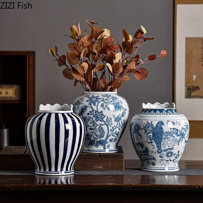 Afralia™ Blue & White Porcelain Vase Desk Decor with Artificial Flowers