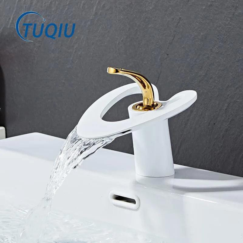 Afralia™ Golden/White Basin Faucet: Black Brass Waterfall Sink Mixer Tap, Hot & Cold.