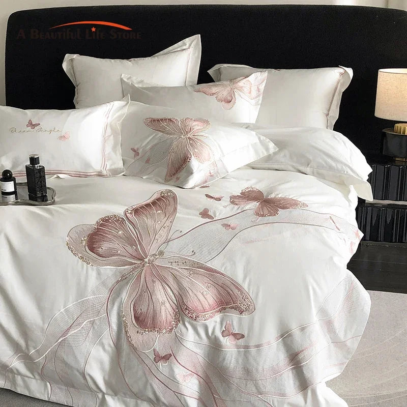 Afralia™ White Luxury Butterfly Embroidery Bedding Set - Queen King Size