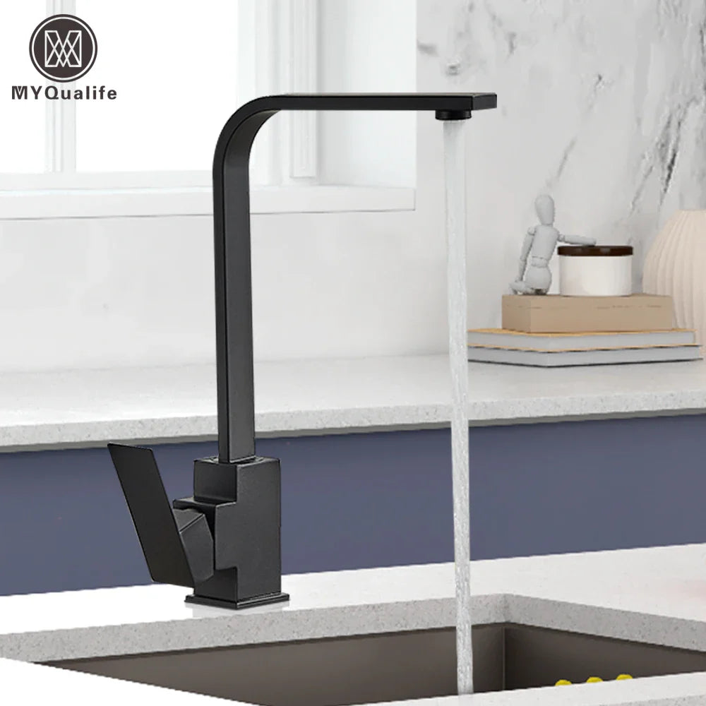Afralia™ Black Square Kitchen Faucet: Chorme/Gold Hot Cold Mixer Tap 360° Rotation