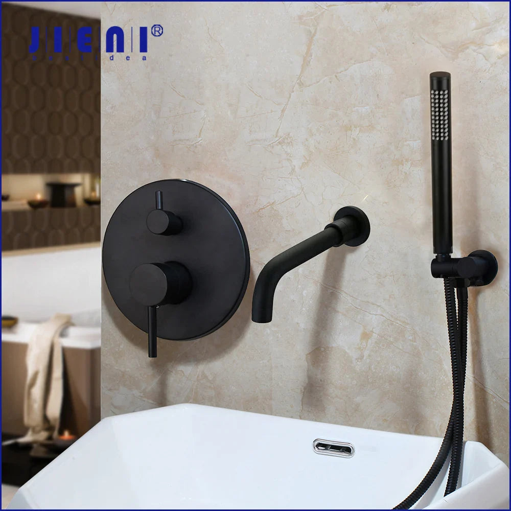 Afralia™ Matte Black Dual Handle Wall Mounted Bathroom Faucet Set