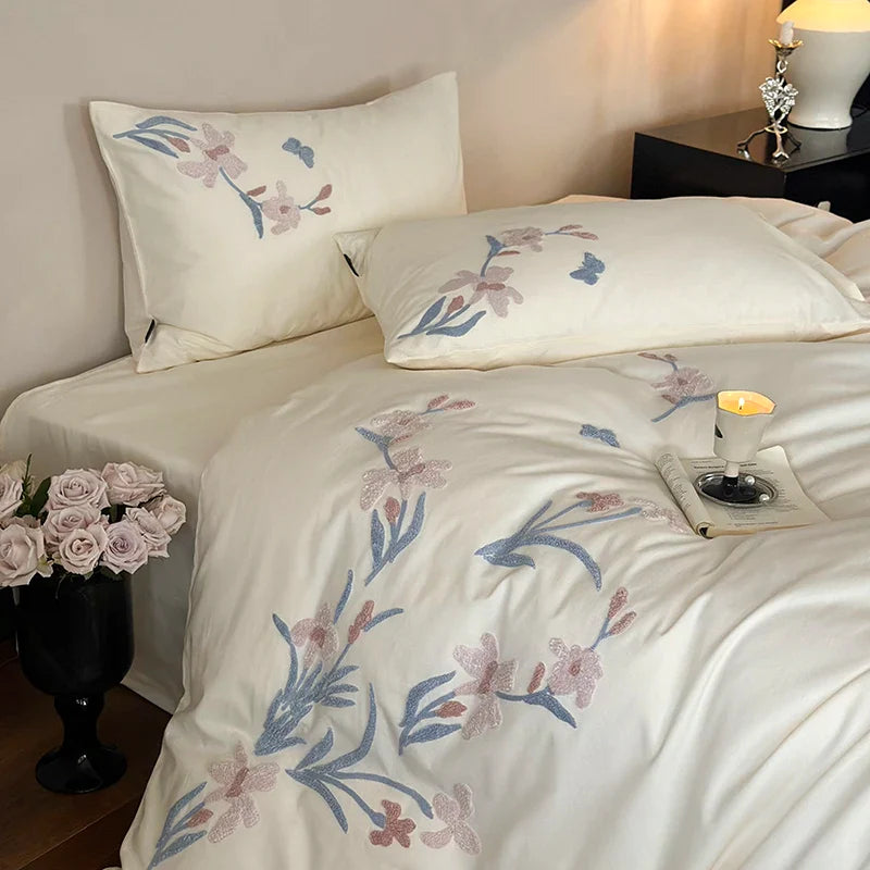 Afralia™ Elegant Flower Embroidery Cotton Bedding Set - Single Queen King Sizes
