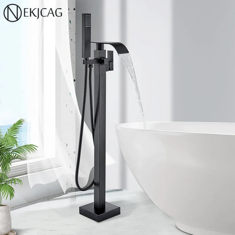 Afralia™ Matte Black Floor Standing Bathtub Faucet Shower Mixer Tap Waterfall Style
