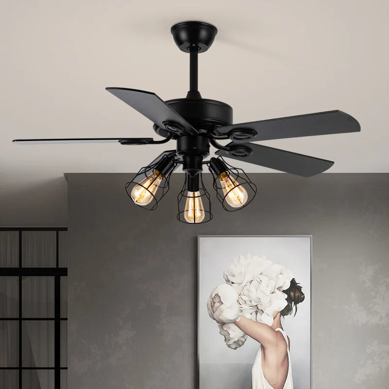 Afralia™ Retro Wooden Blades Ceiling Fan Light: American Style Iron Silent LED Chandelier