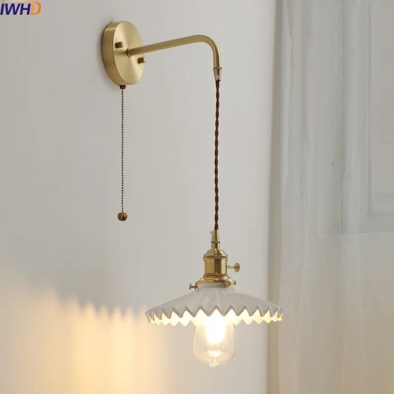 Afralia™ Ceramic Copper LED Wall Sconce Pull Chain Switch Stair Light for Home Decor