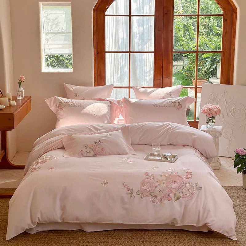 Afralia™ Pink Flowers Embroidery Cotton Bedding Set - Duvet Cover, Bed Sheet, Pillowcases
