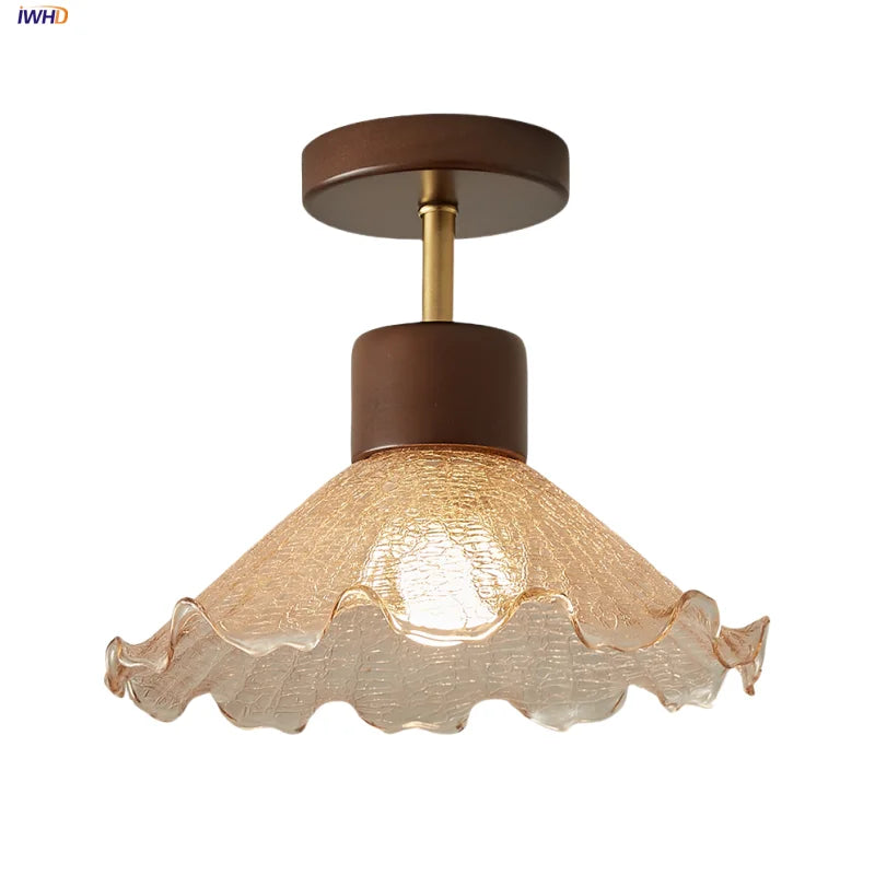 Afralia™ Amber Glass Wood LED Ceiling Light Fixture for Modern Living Room.
