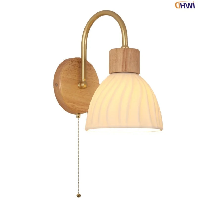 Afralia™ Nordic LED Wall Sconce Pull Chain Switch Wood Canopy Ceramic Bedside Lamp