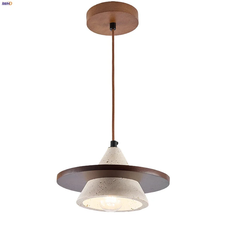 Afralia™ Wabi Sabi Yellow Cave Stone Wood LED Pendant Light Fixture