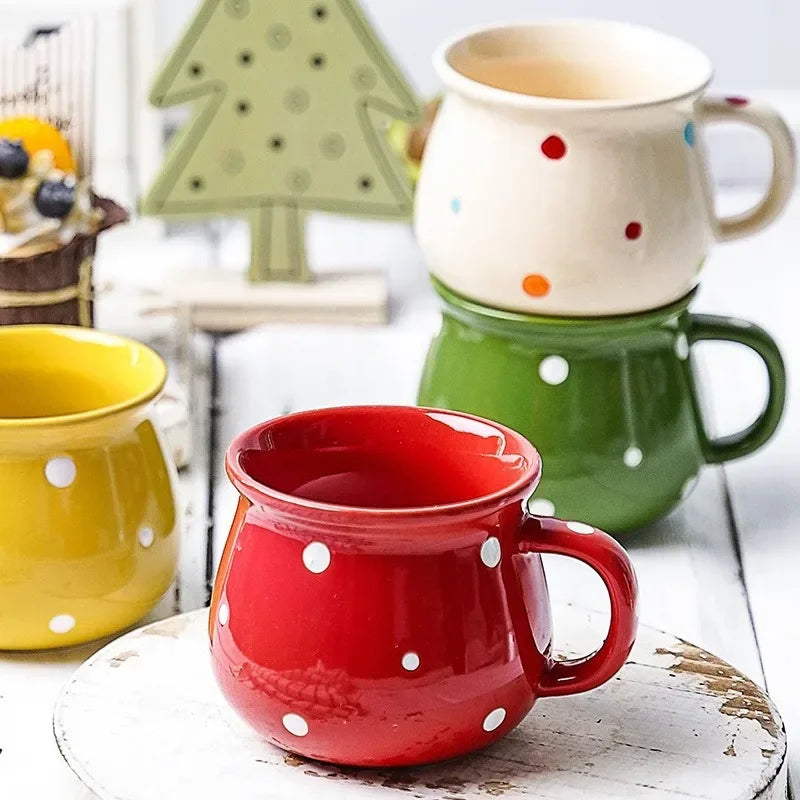 Afralia™ Polka Dot Ceramic Breakfast Mug Set with Lid and Spoon