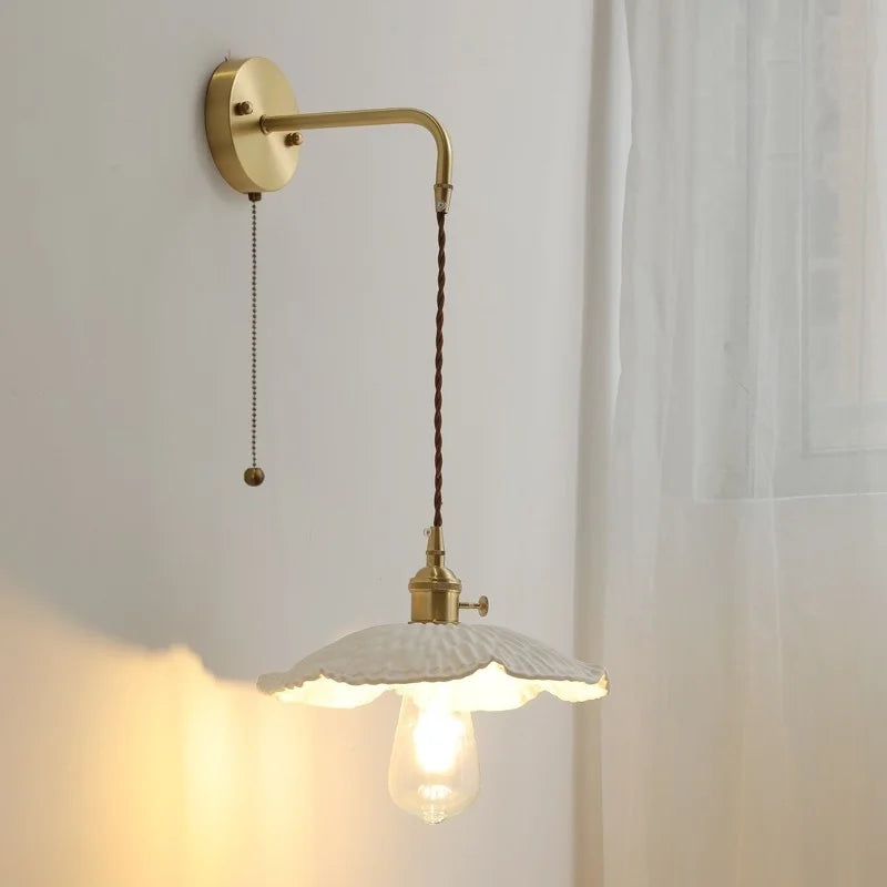 Afralia™ Copper Ceramic LED Wall Light Pull Chain Switch Modern Bedroom Lamp
