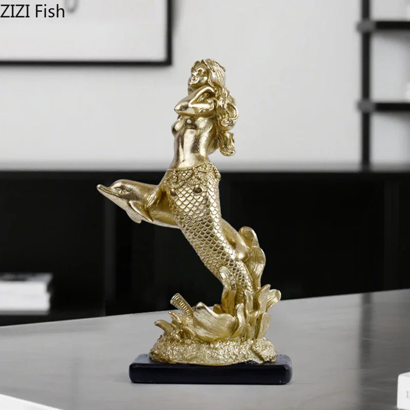 Afralia™ Gold-plated Mermaid Statue Resin Sculpture Room Decor Marine Organism Ornament