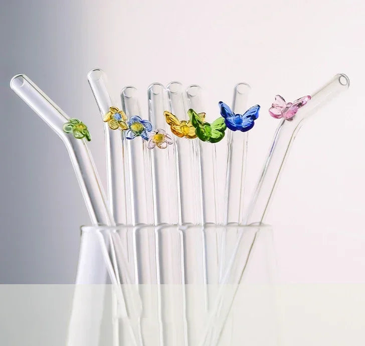 Butterfly Glass Straws Set for Smoothies Cocktails | Afralia™ Eco-Friendly Drinkware