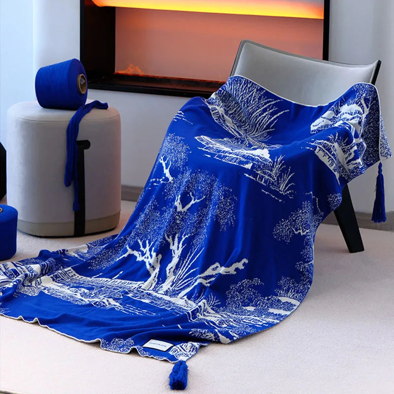 Afralia™ Blue Knitted Sofa Blanket for All Seasons at Home