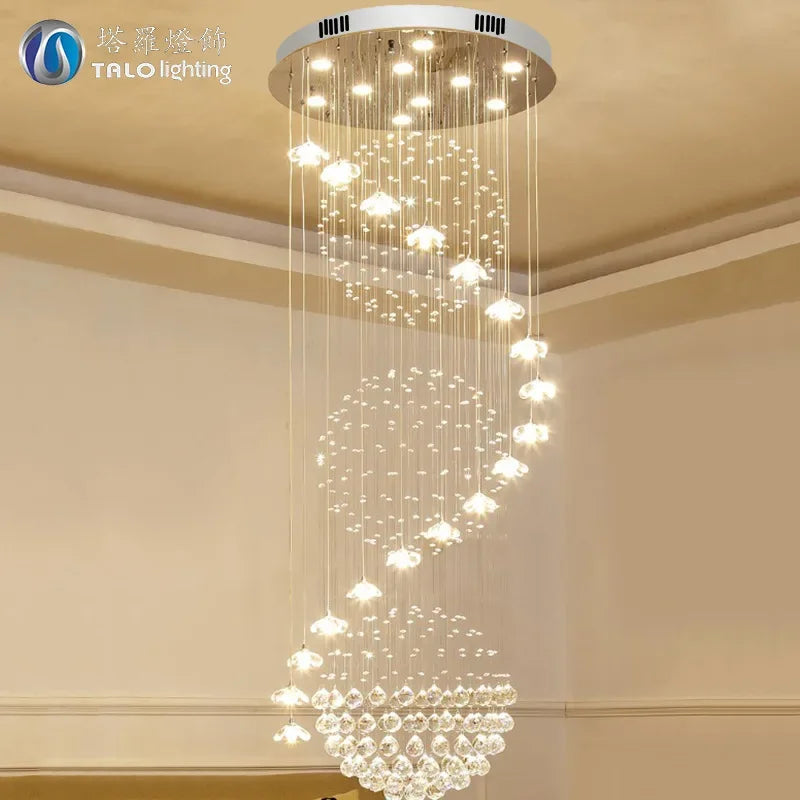 Afralia™ Elegant Crystal Chandeliers for High Ceiling Living Room Foyer Staircase Lighting