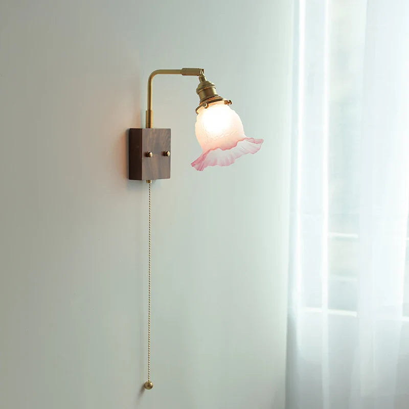 Afralia™ Glass Pink LED Wall Lights Pull Chain Switch Rotatable Sconce Bedside Lamp
