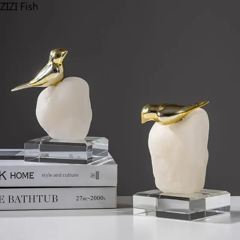 Afralia™ Golden Bird Statue Crystal Base Desk Ornament, Gold-plated Modern Home Decoration