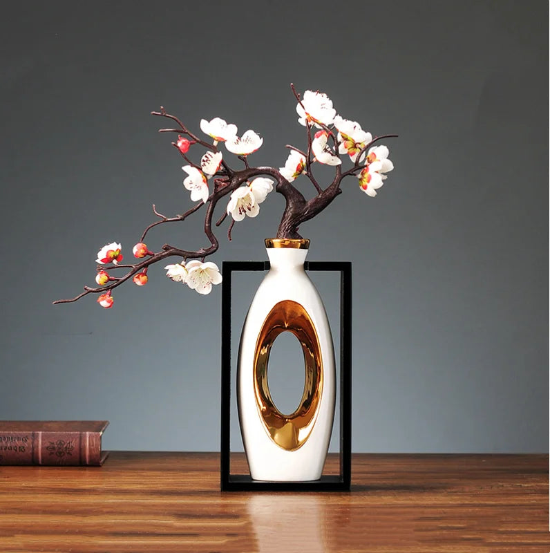 Afralia™ Chinese Style Ceramic Vase in Wooden Frame for Modern Home Decor