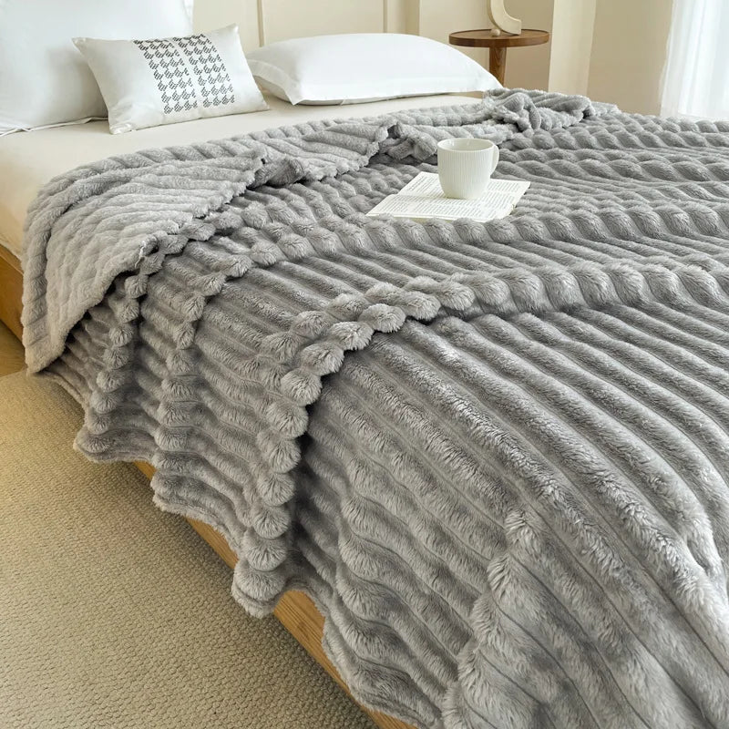 Afralia™ Faux Rabbit Plush Striped Blanket: Nordic Coral Velvet Carpet for Napping & Quilting.