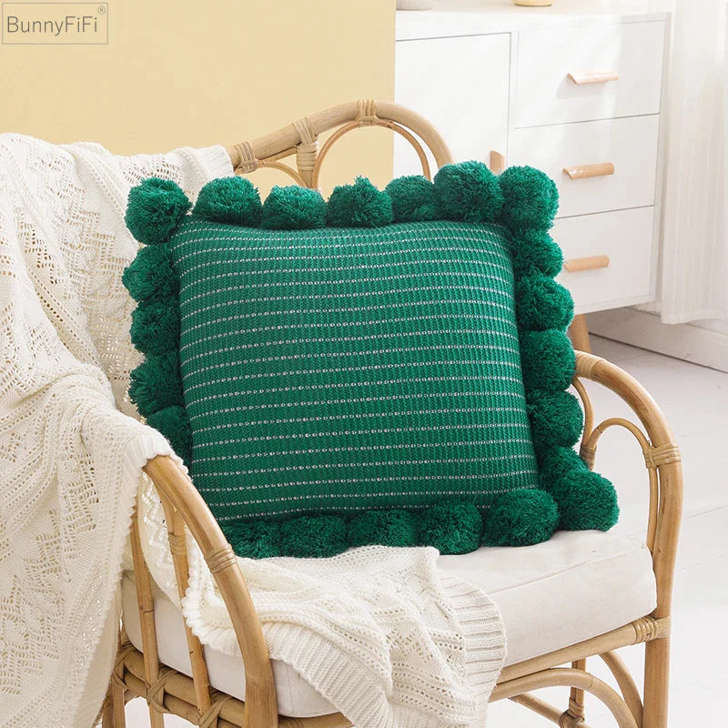 Afralia™ Ball Cushion Cover Vintage Yellow Pompom Ivory Pink Green Max 43cm Zip Home Sofa Decor