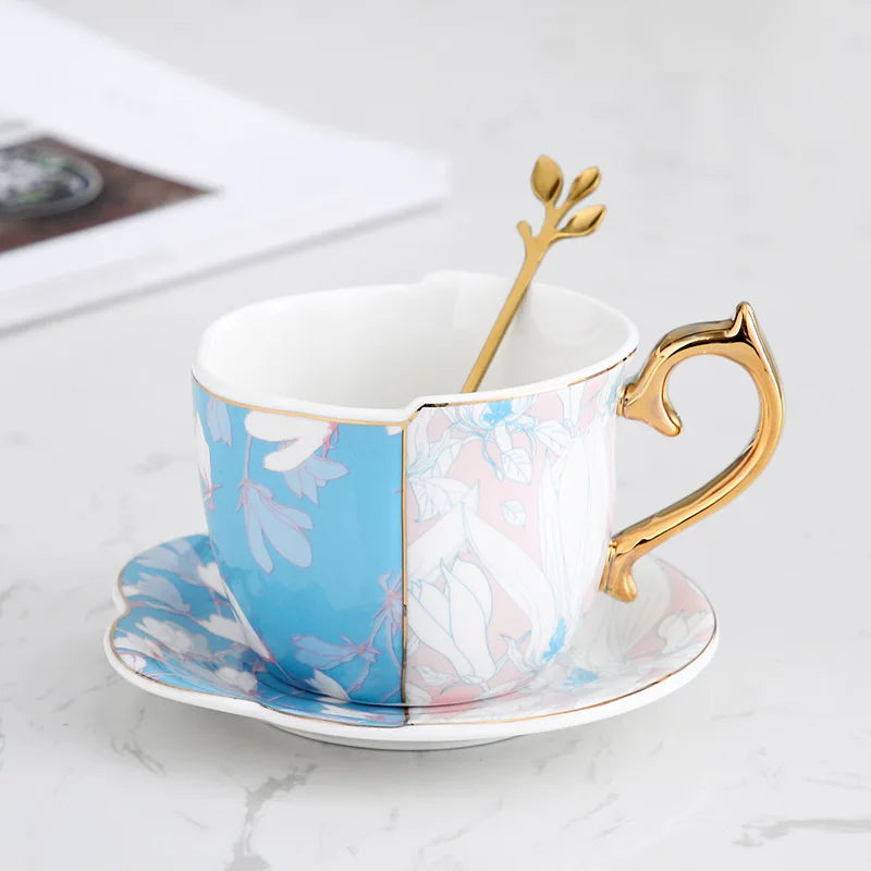 Afralia™ Flowers Bird Pattern Ceramic Tea & Coffee Mug Saucer Set Dining Table Cup