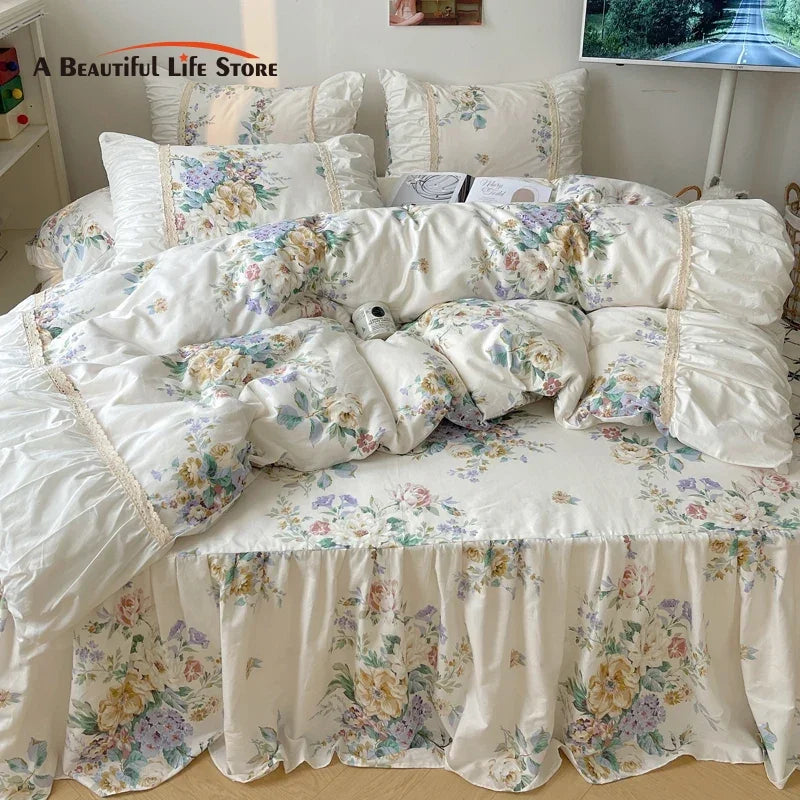 Afralia™ Korean Princess Flowers Bedding Set - Duvet Cover, Bed Skirt, Pillowcases