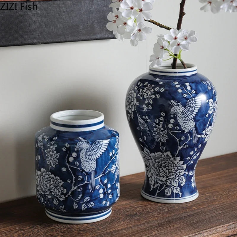 Afralia™ Blue Porcelain Vase: Flowers and Birds Pattern Table Decor Floral Vases Room Aesthetic