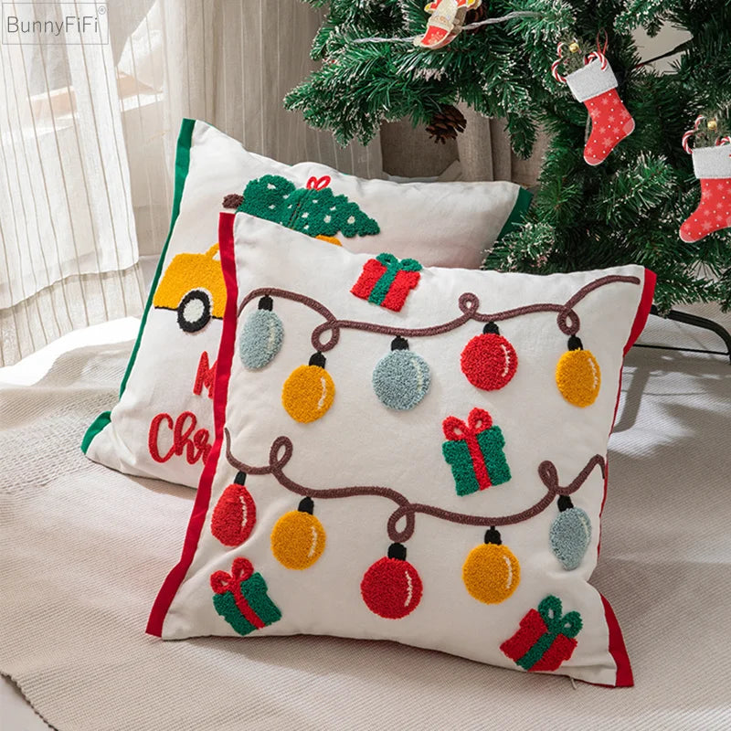 Afralia™ Christmas Santa Snowflake Embroidery Pillow Cover Square Cotton 45x45cm