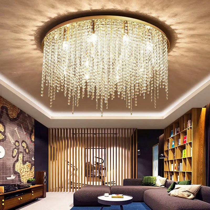 Afralia™ Luxe Crystal Beading Chandelier - Dimmable LED Gold Ceiling Light, Bedroom & Living Room Luxury Décor