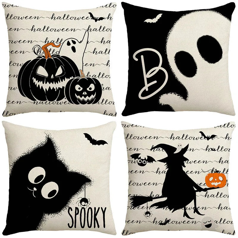 Halloween Linen Pillowcase Black Witch Ghost Print Throw Pillow Cover by Afralia™