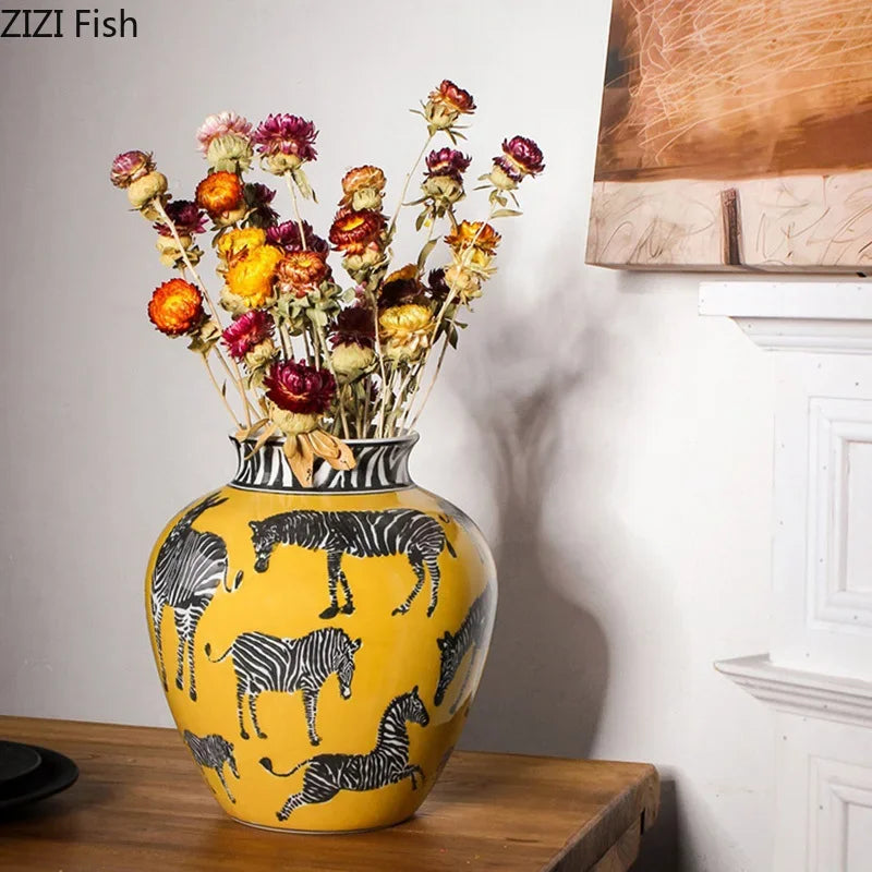Afralia Zebra Yellow Vase with Artificial Flowers for Desk Decoration