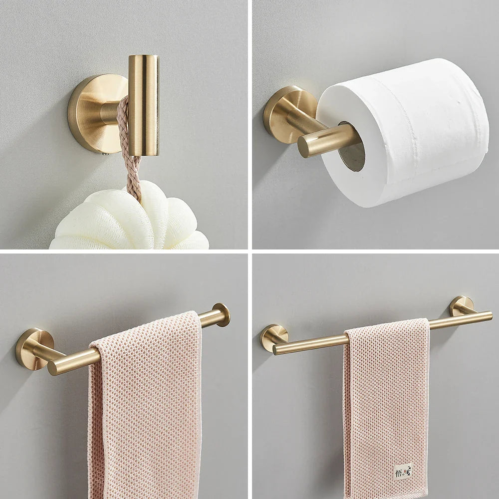 Afralia™ Brushed Gold Bathroom Accessories Set: Towel Rail, Paper Holder, Hook, Stainless Steel