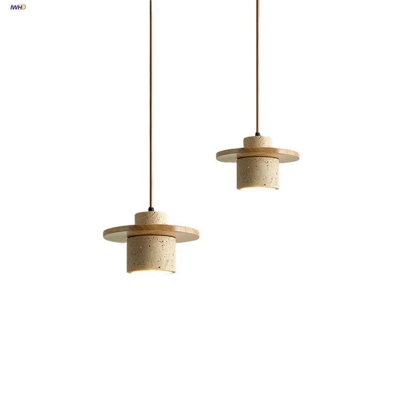 Afralia™ Nordic LED Pendant Lamp Wood Base Yellow Travertine Adjustable Hanging Light