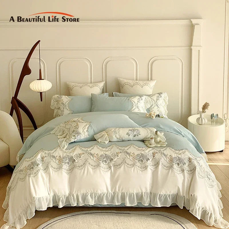 Afralia™ Romantic French Princess Bedding Set with Rose Embroidery & Ruffles