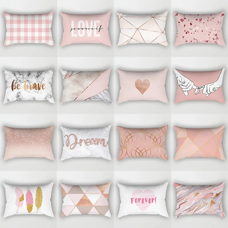 Afralia™ Pink Geometric Gold Line Letter Cushion Cover