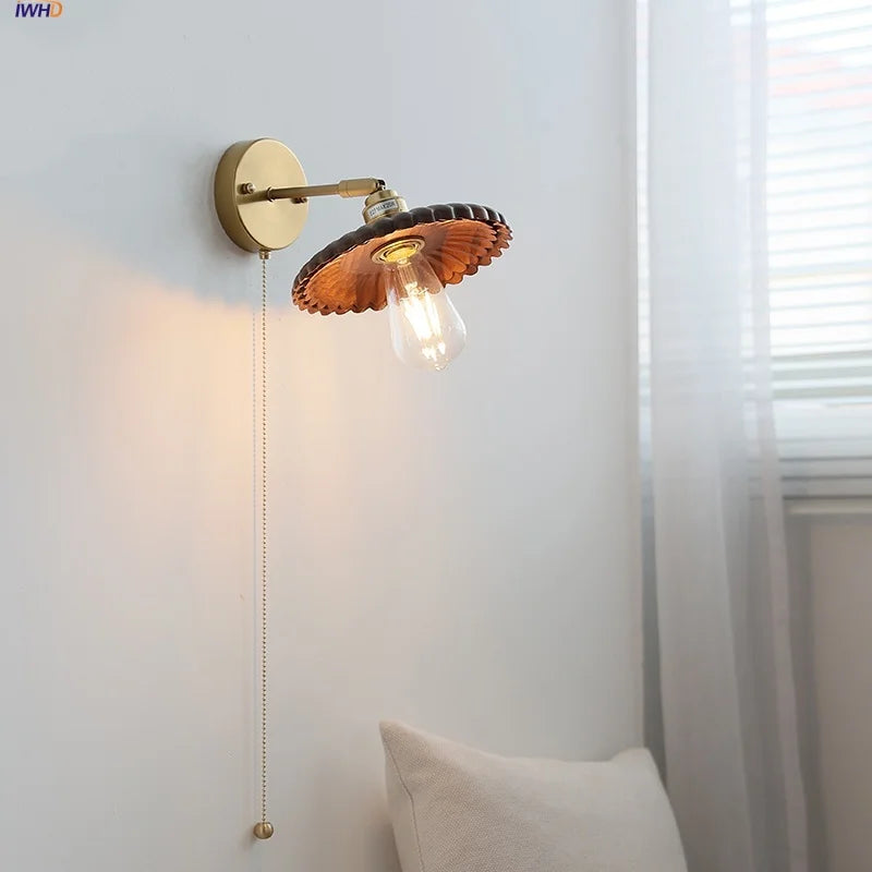 Afralia™ LED Walnut Wood Wall Lamp Pull Chain Switch Modern Indoor Light